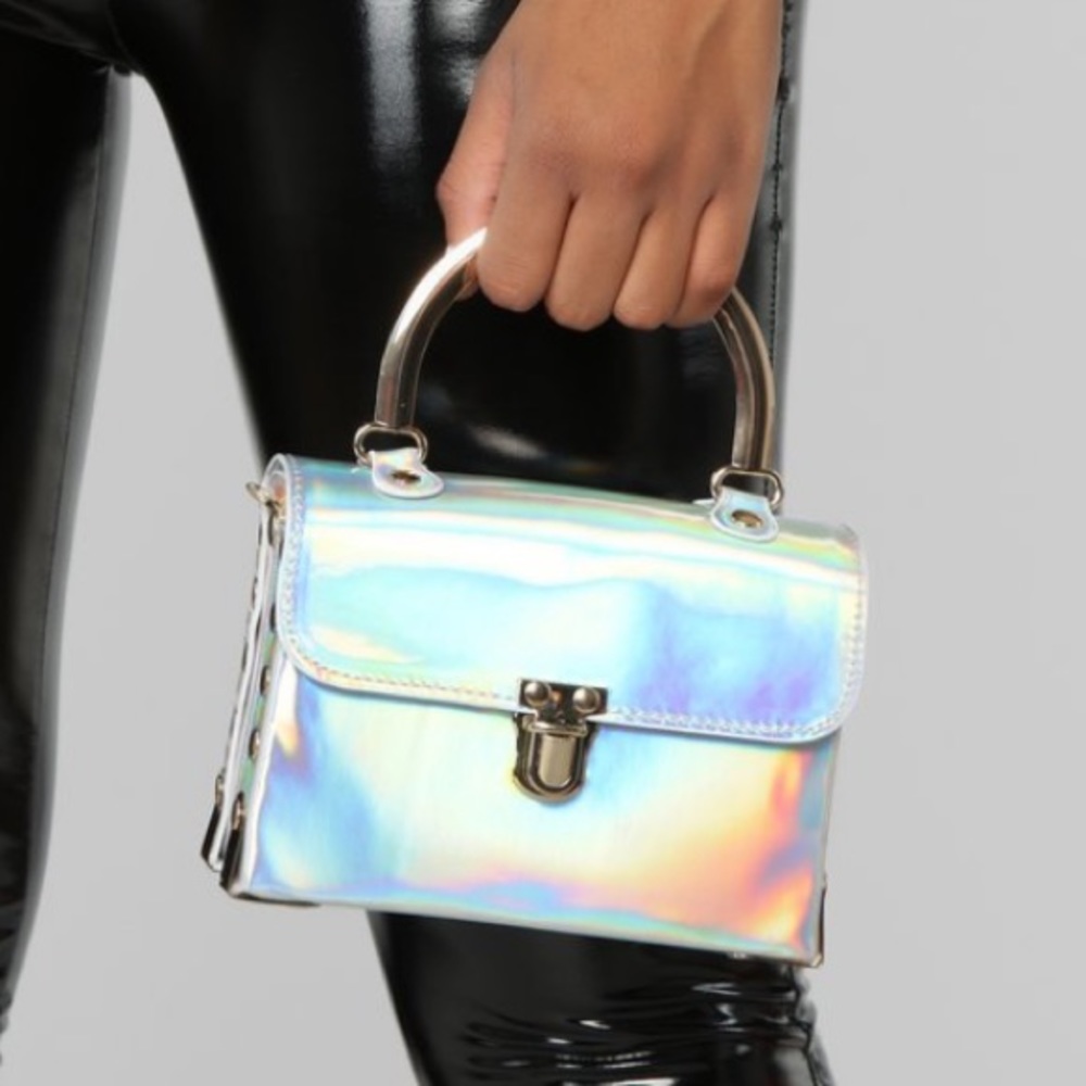 Iridescent mini bag with metal handle